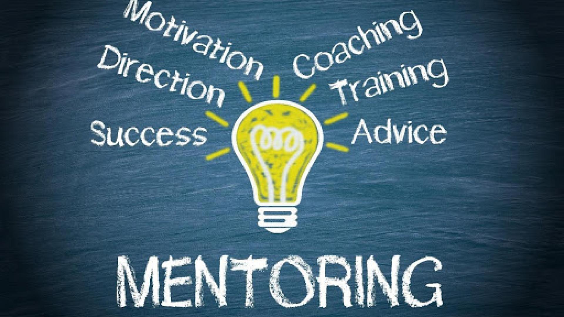 Lightbulb highlighting the key features of mentorship - motivation, direction, success, coaching, training, and advice
