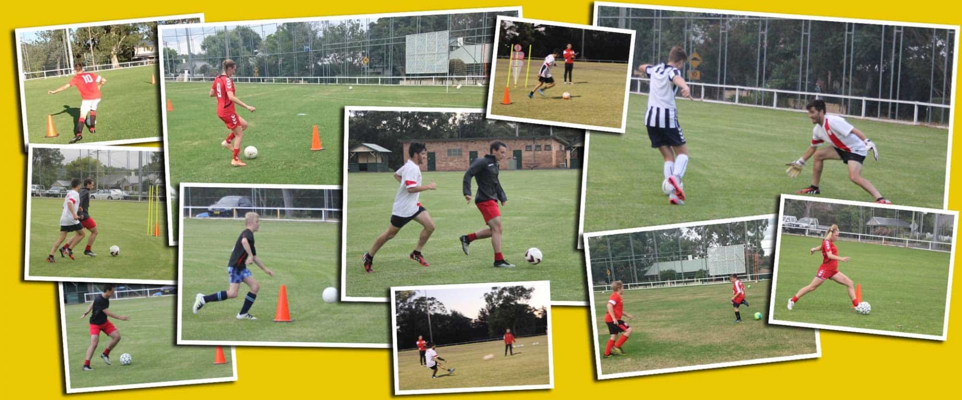 Collage of students performing Coerver drills